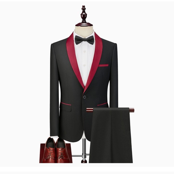 Tuxedo Suit | Black & Burgundy | 3 Piece | Size Large - Picture 7 of 7